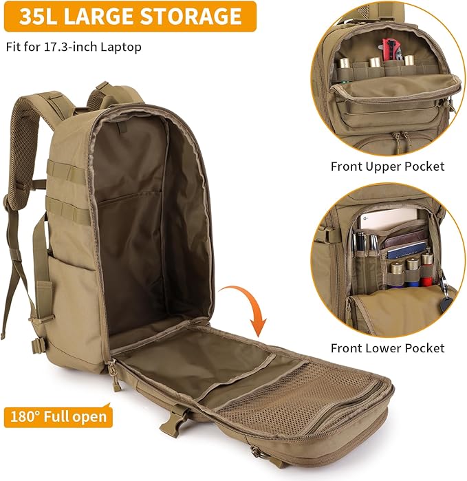 HUNTVP Tactical Backpack for Men 35L Military Backpack MOLLE 1000D Army Daypack 3 Day Bug Out Bag for Work Camping Hiking Outdoor, Brown