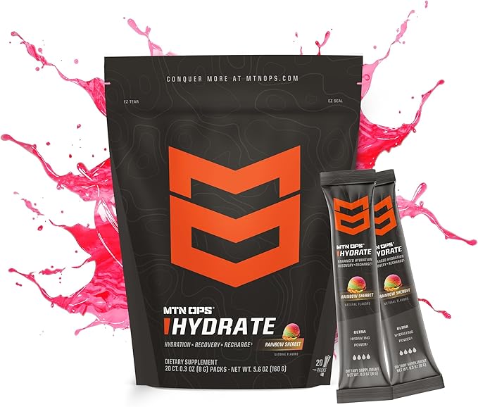 MTN OPS Hydrate Low Sugar Electrolyte Powder Drink Mix with 1g D-Ribose Sugar, 1000mg Electrolytes, On-The-Go Packs, 20 Stick Packs, Rainbow Sherbet