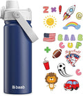 baab 18oz Kids Water Bottle, Insulated Kids Water Bottle with Lockable Spout Lid & Stickers, 18/8 Stainless Steel Vacuum Leakproof Kid Water Cup with Handle for Boy Girl & School (Grey+Navy Blue)