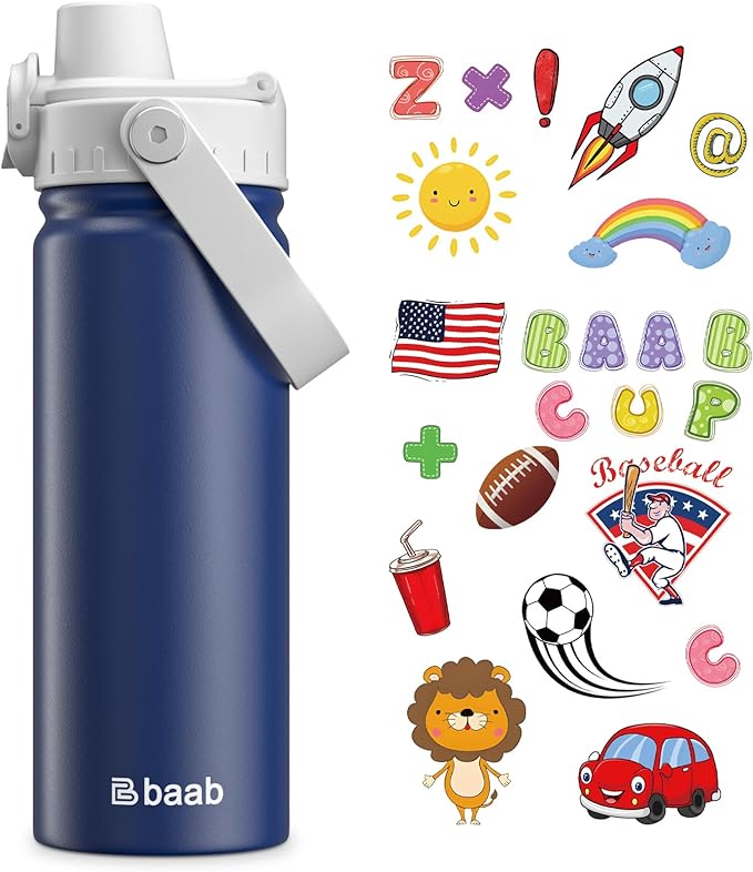 baab 18oz Kids Water Bottle, Insulated Kids Water Bottle with Lockable Spout Lid & Stickers, 18/8 Stainless Steel Vacuum Leakproof Kid Water Cup with Handle for Boy Girl & School (Grey+Navy Blue)