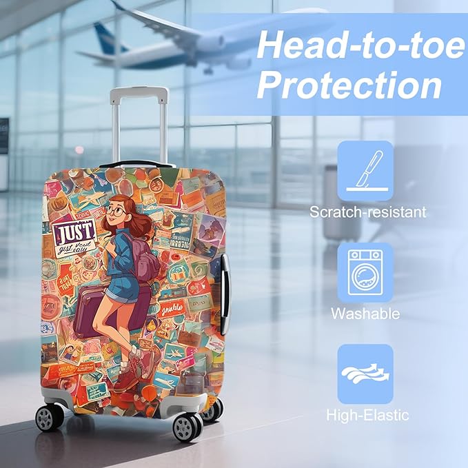ANNA QUEEN Vintage Travel Stickers Gir Luggage Cover -Stretchable Airplane Suitcase Protector Sleeve,Universal Washable Fit for 20-22 Inch Checked Baggage,Water Resistant Durable Luggage Protector