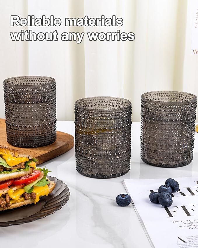 YOUBET 24PCS Plastic Drinking Glasses - 14OZ Black Hobnail Drinkware Glasses - Vintage Glassware Textured Beaded Cups for Water, Beer, Whiskey, Juice and Various Mixed Drinks for Party Graduation