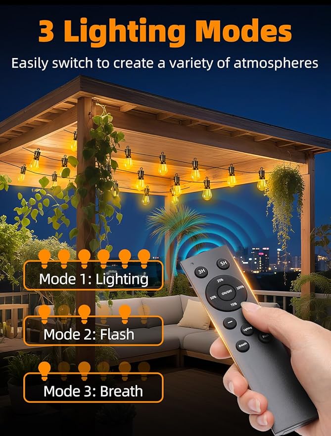 Outdoor Patio String Lights: S14 Shatterproof Bulb Outside Waterproof Light - 200Ft 60M Remote Dimmable Connectable Hanging Outdoor Electric Lighting - Garden Backyard Yard Gazebo Porch Party