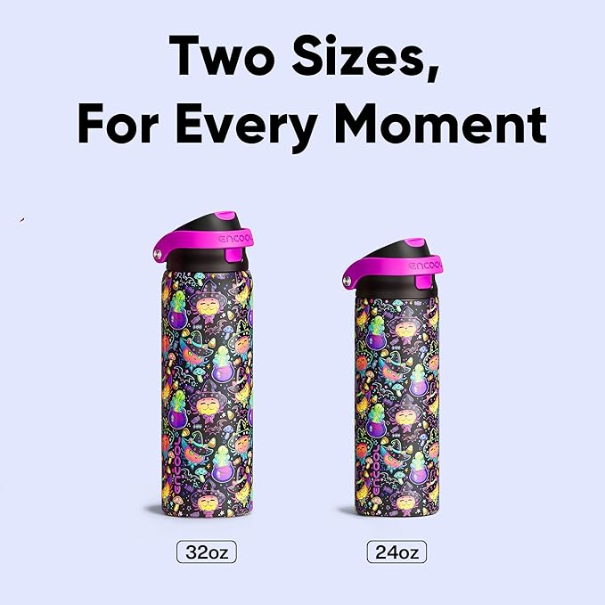 Encool SwiftSip Insulated Stainless Steel Water Bottle with Straw - Leak Proof Sports Water Bottle for School, Travel, Keeps Cold All Day, One-Touch Flip Lid, BPA-Free, 24 oz, Meowgic Night