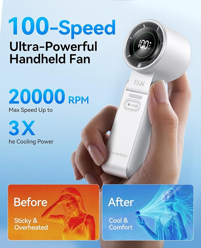 KIMMOO 2 Pack White Portable Handheld Turbo Fan-100 Speeds, Powerful 20000 RPM, 12Hrs Cooling,120° Rotation, USB Rechargeable Mini Hand Held Personal Fan for Travel Outdoor Indoor