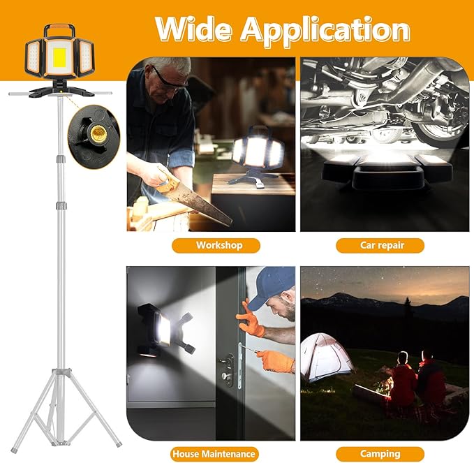 Tresda 30W Rechargeable Work Light, 3000 Lumen Magnetic Work Light Battery Powered, Waterproof Portable Cordless Job Site Lighting for Construction Site, Workshop, Garage, Camping, and Car Repairing