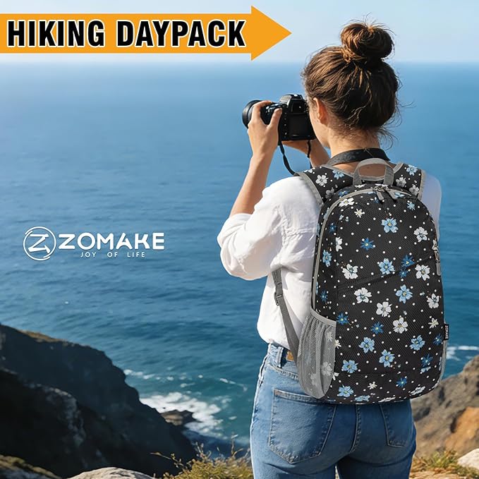 ZOMAKE Lightweight Packable Backpack,Foldable Backpacks Small Daypack for Hiking Water Resistant Day Bag for Travel(Black,Floral pattern)