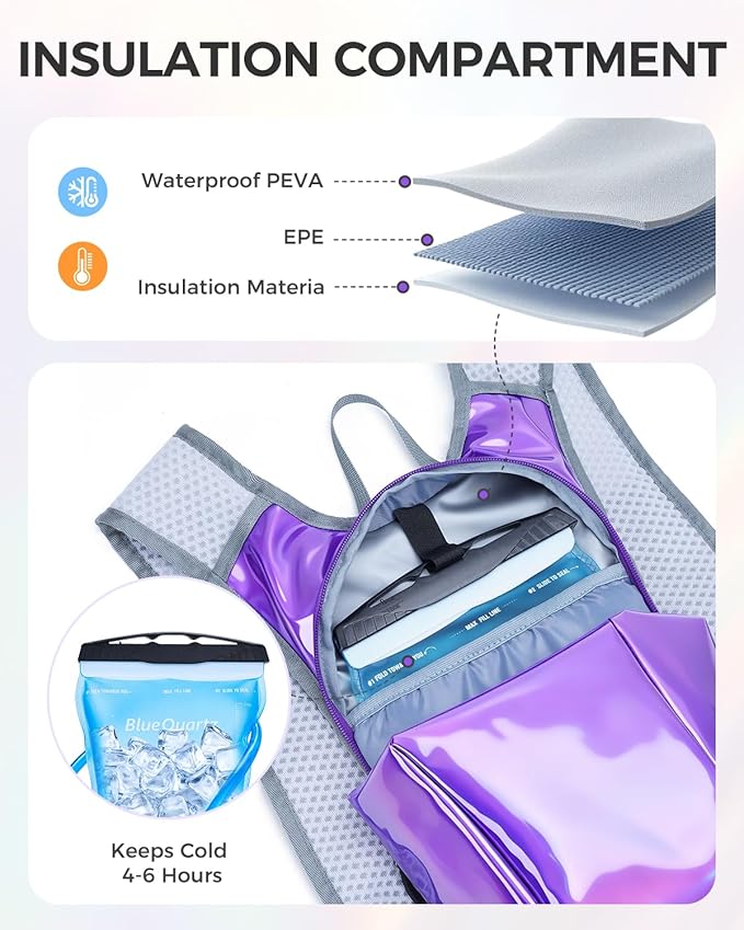 Blue Quartz Rave Hydration Backpack, Reflective Hiking Pack with 2L Water Bladder & Phone Pocket, Hydro Pack with Insulated Compartment for Festival Running Cycling for Men Women