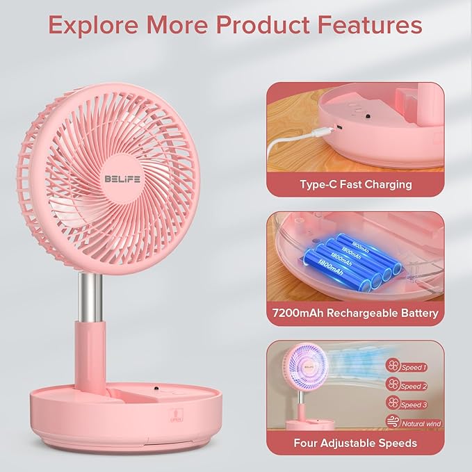 Belife X8 Portable Fan, 7200mAh Battery Powered Rechargeable, Oscillating USB Desk Floor Fan with Remote, Foldable Telescopic Fan for Home Bedroom Sleeping Office Camping Travel, 7.7" (Pink)