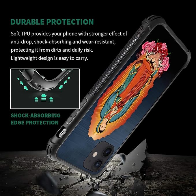 for iPhone 12/12 Pro Case, Red Virgen Guadalupe Pattern Graphic Design Girl Boy Soft Silicone Hard Acrylic Shock Protection for iPhone 12/12 Pro