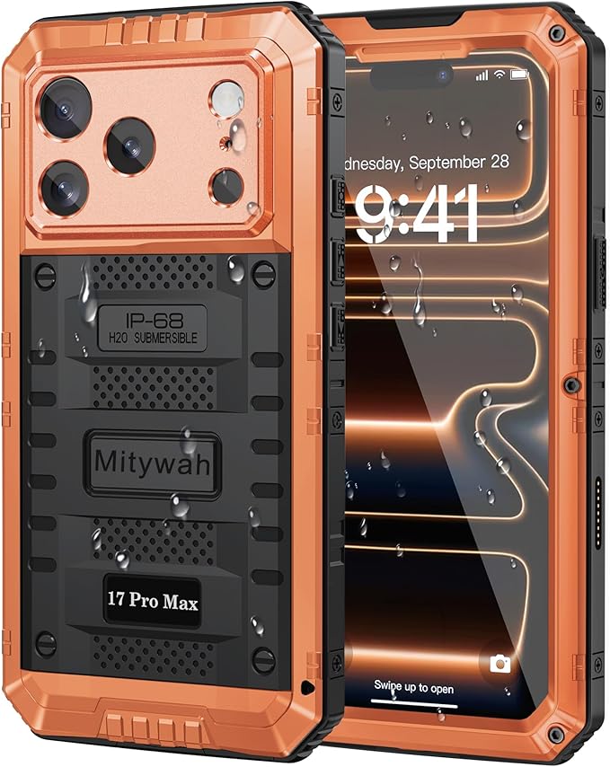 Mitywah Waterproof Case for iPhone 17 Pro Max, Rugged Metal Case with Built-in Screen Protector, Heavy Duty Full Body Shockproof Protective Cover 6.9 inch, Orange