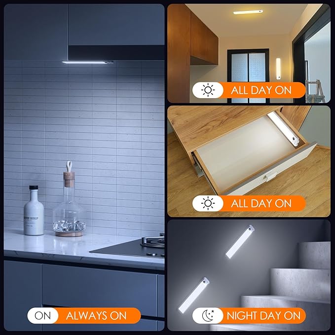 RUIKORING 8.5" Under Cabinet Lighting 6 Pack, 3 Colors, Motion Sensor Light Indoor,48 LED Rechargeable Closet Lights, Dimmable Under Counter Lights, Stick-On Magnetic Cabinet Night Lights for Kitchen