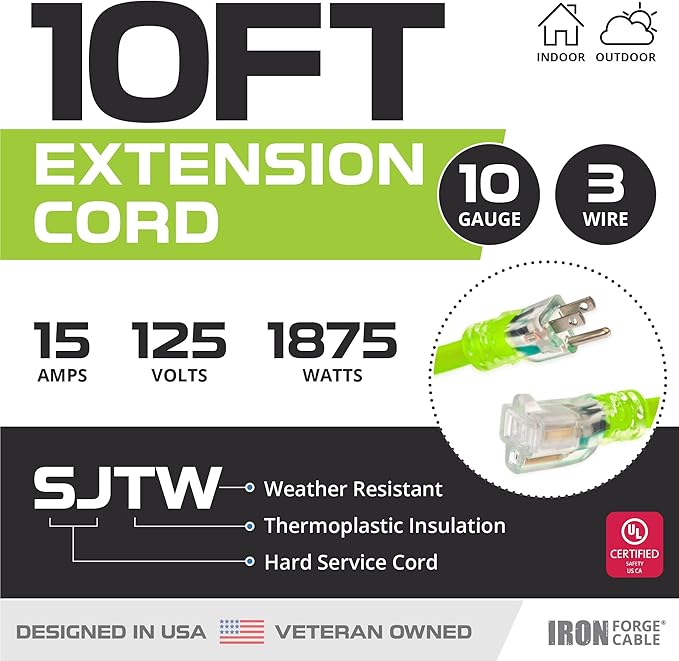 Iron Forge Cable 10 Gauge Extension Cord 10 ft, 10/3 Heavy Duty Extension Cord 3 Prong Lighted End, SJTW Weatherproof Light Green Outdoor Power Cable for Major Appliances, 15 AMP