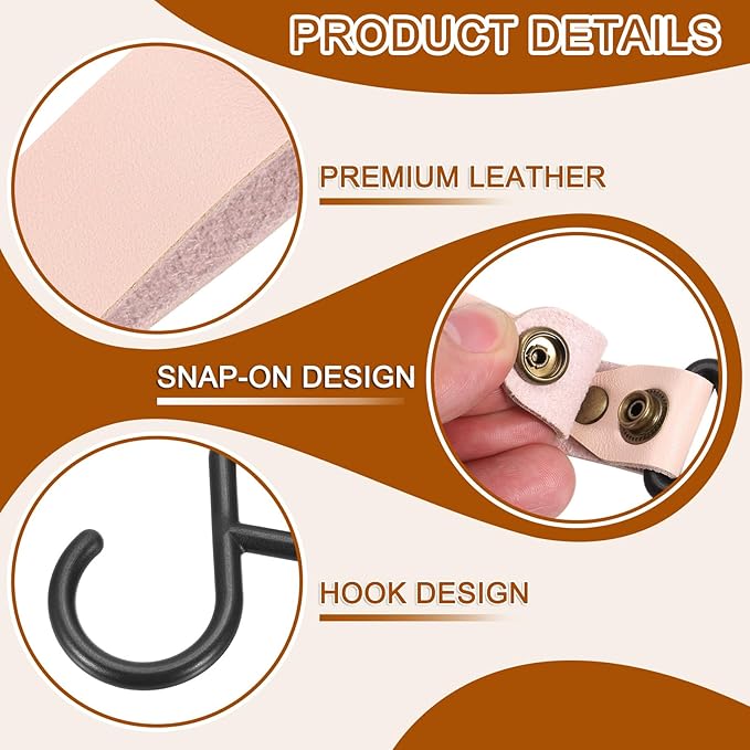 uxcell 5pcs PU Leather Hooks, Leather Straps with Hooks, S-Shape Hooks for Outdoor Camping Hanging Pots Pans Utensils Pink