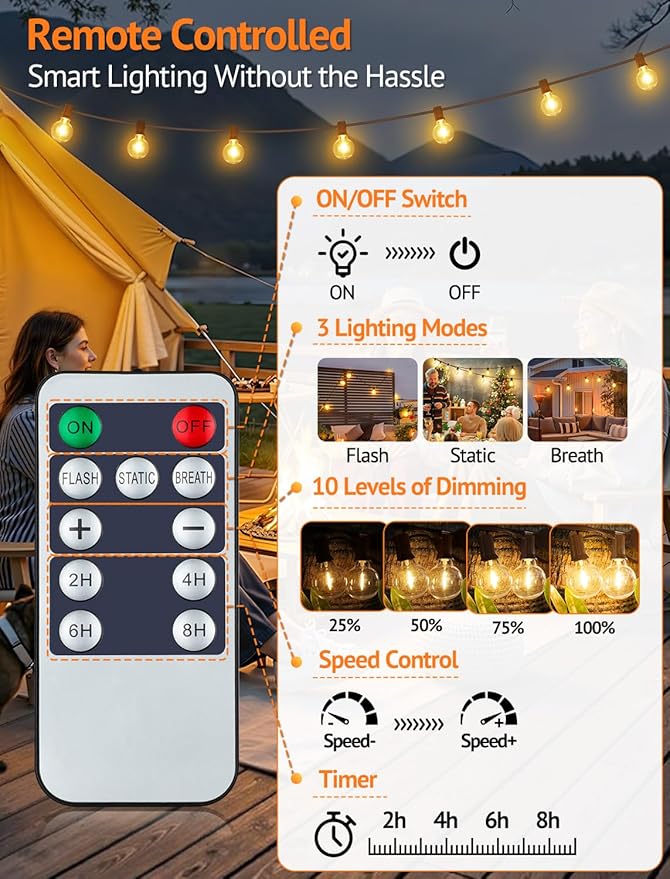 Larkvue 25FT Solar String Lights Outdoor with Remote, Waterproof Dimmable 3 Modes Patio Lights with 10+1 LED Shatterproof G40 Bulbs for Wedding-Brown