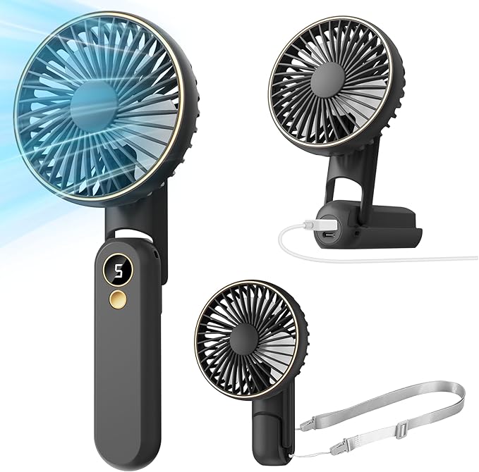Portable Handheld Fan, [Up to 15 Working Hours] 180° Foldable Personal Fans, USB Rechargeable Mini Hand Fan for Travel/Summer/Outdoor/Office, 5 Speeds Adjustable, LED Display,Black