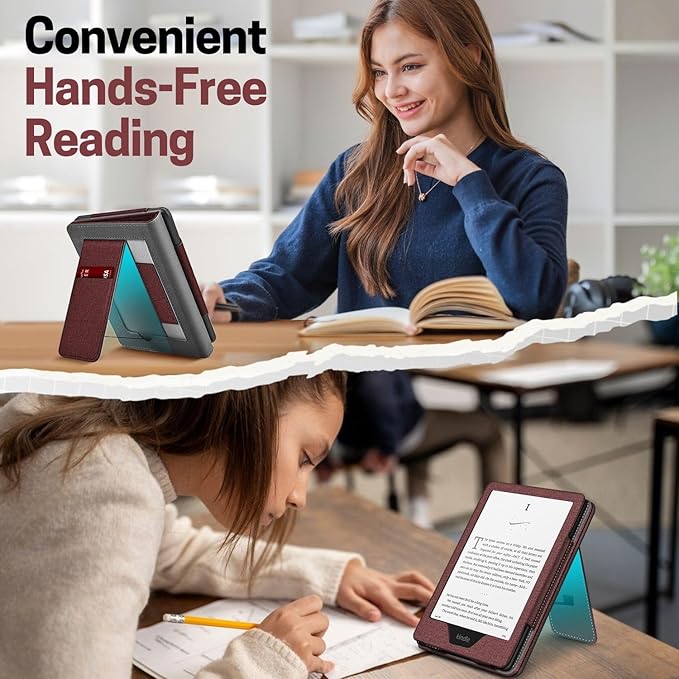 TNP Stand Case with Strap for Kindle Paperwhite 12th Gen 2024 / Kindle Colorsoft Signature Edition - 7" PU Leather Protective Folio Cover with Auto Wake/Sleep & Card Slot, Dark Red