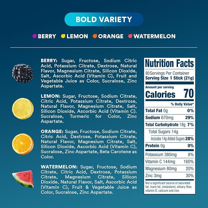 DripDrop Hydration Packets - Bold Variety Pack - Single Serve Electrolytes Powder Drink Mix - Watermelon, Berry, Lemon, Orange - Non-GMO, Gluten Free - 16OZ Serving Size - 80 Sticks - Value Pack