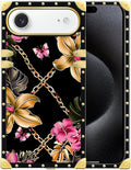 for iPhone 17 Air Case Luxury Golden Decoration for Girl Women Soft TPU Shockproof Protective Hard PC Back for iPhone 17 Air Crazy Pattern Pink Golden Chain Tropical Flower