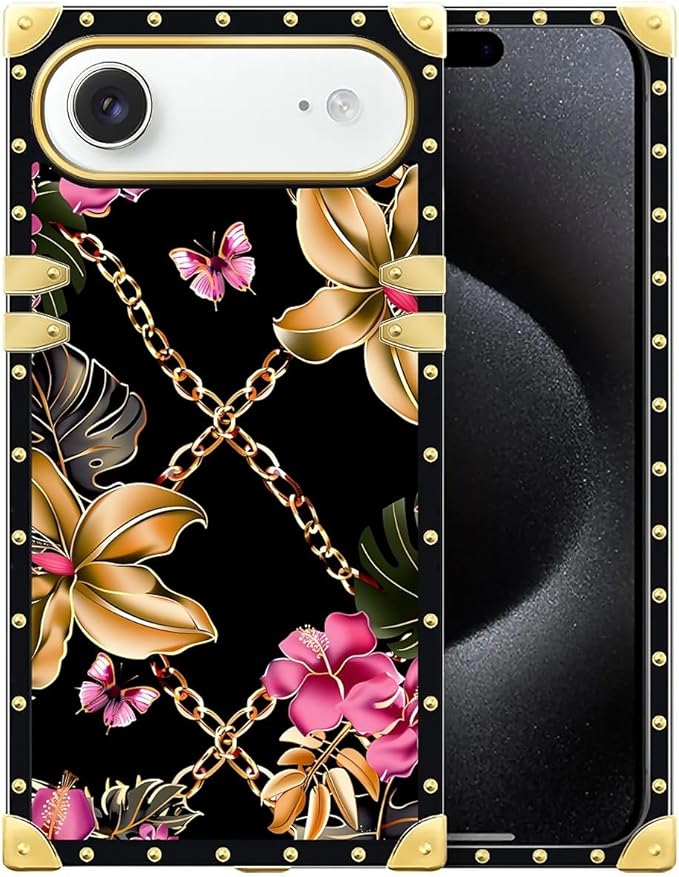 for iPhone 17 Air Case Luxury Golden Decoration for Girl Women Soft TPU Shockproof Protective Hard PC Back for iPhone 17 Air Crazy Pattern Pink Golden Chain Tropical Flower