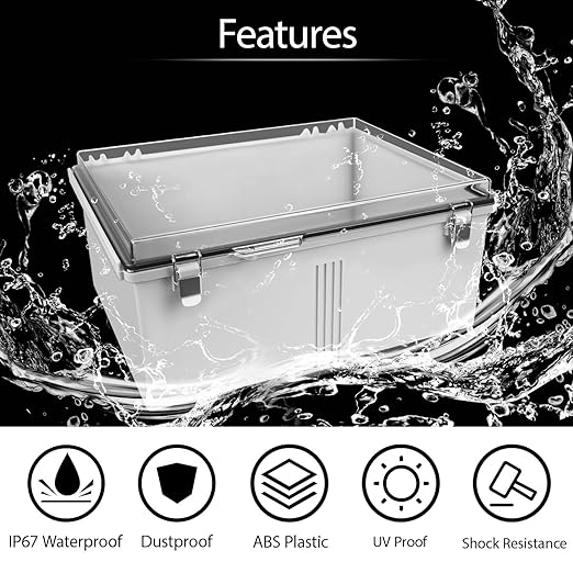 LeMotech Electrical Box, IP67 Waterproof Hinged Clear Cover Stainless Steel Latch Junction Box, ABS Plastic Electrical Enclosure with Mounting Plate,Wall Brackets, Cable Glands,17.7"x13.8"x7.9", Grey