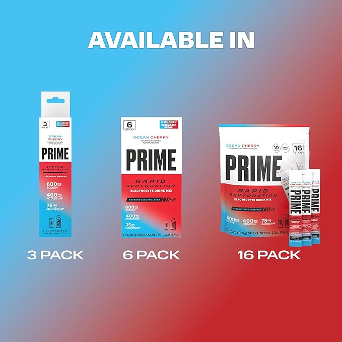 Prime Rapid Rehydration Electrolyte Powder Sticks, Ocean Cherry, Sugar Free Hydration Drink Mix with Sodium, Potassium, Magnesium & B Vitamins to Replenish Fluids, Caffeine Free, 16 Count
