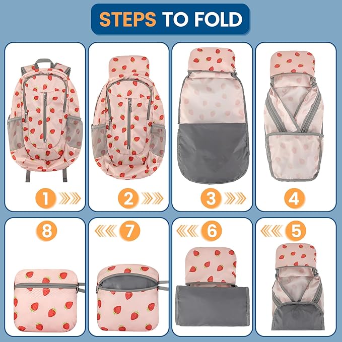 ZOMAKE Ultra Lightweight Packable Backpack 25L - Foldable Hiking Backpacks Water Resistant Small Folding Daypack for Travel(Strawberry print)