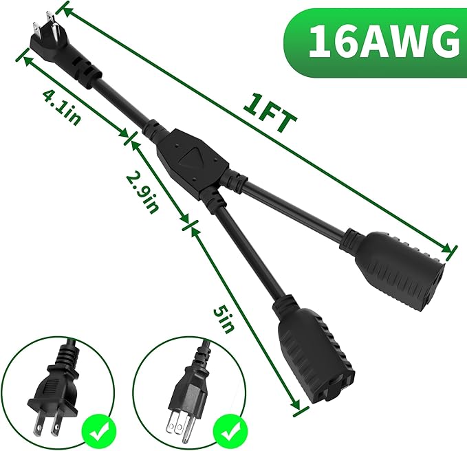 Elecan 3-Prong Y Splitter Power Extension Cord 1 FT, 90-Degree Angled Flat Plug 1 to 2 Way Outlet Space Saver, Heavy Duty Weatherproof SJTW, 16AWG 13A, 5-15P Cable Extender for Indoor Outdoor-UL