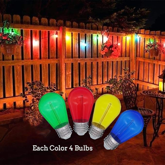 Jslinter Colored String LED Light Bulbs - 1 watt Plastic Outdoor Indoor S14 Bulbs for Christmas String Light Replacement - Shatterproof - E26 Base - 16Pack - Red/Blue/Yellow/Green
