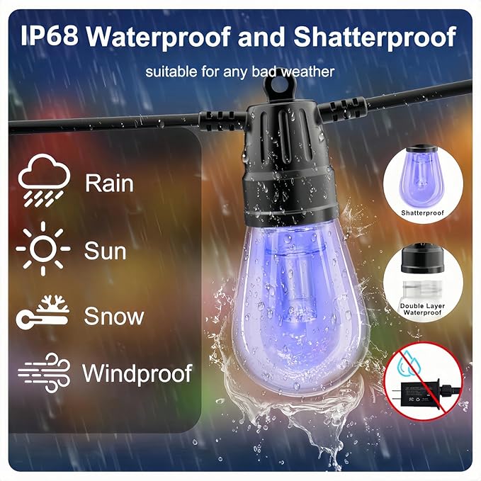 Outdoor String Lights 49ft, Outdoor Lights for Patio String Lights for Outside with 15 Dimmable LED Bulbs IP66 Waterproof, Shatterproof,APP Control & Remote Customizable Colors for Backyard Decor