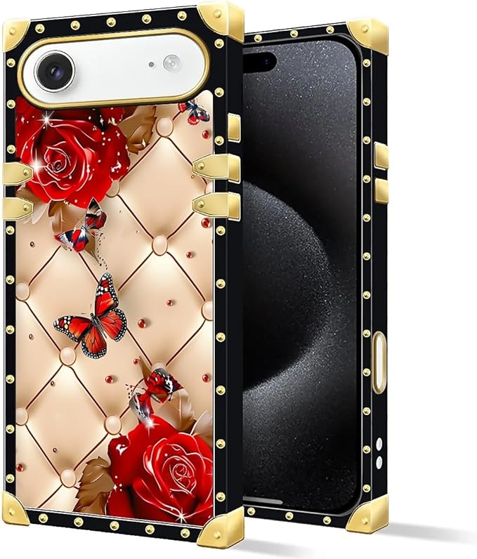 for iPhone 17 Air Case Luxury Golden Decoration for Girl Women Soft TPU Shockproof Protective Hard PC Back for iPhone 17 Air Crazy Pattern Shining Red Rose Butterfly Leather Background