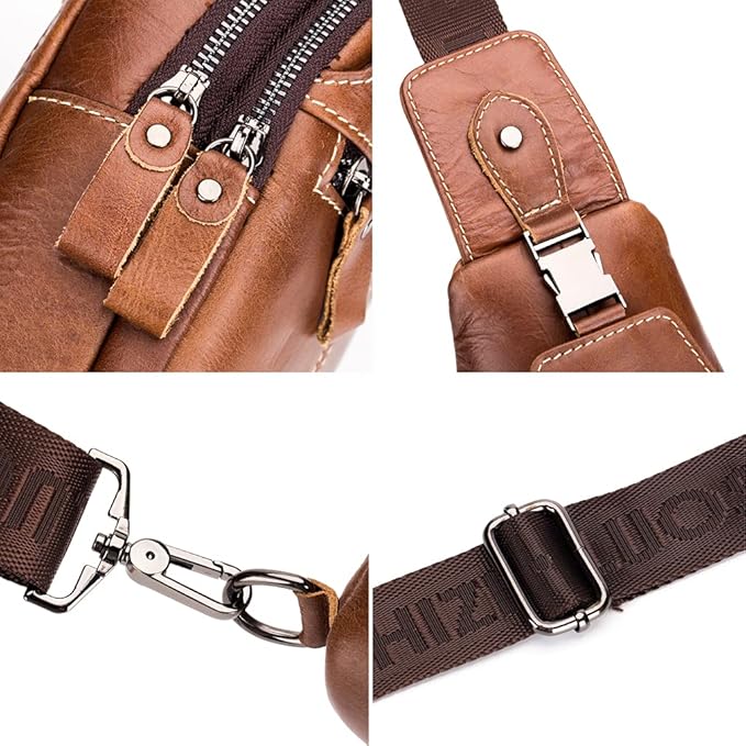 Hebetag Leather Sling Bag Crossbody Backpack for Men Women Outdoor Travel Camping Hiking Shoulder Chest Day Pack Casual Daypack, Brown