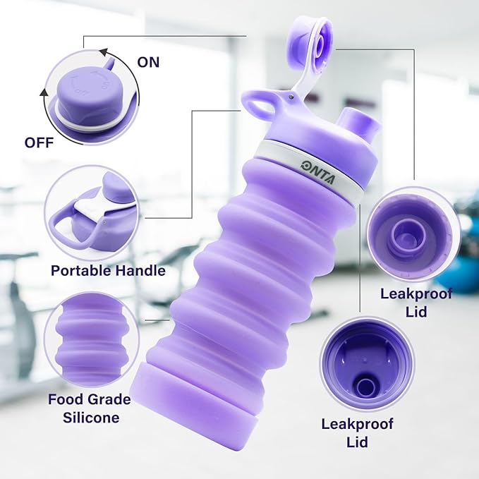 ONTA Collapsible BPA Free Silicone Water Bottle, 20oz - Portable, Leakproof, Easy Clean, Shatter Resistant, Travel Friendly