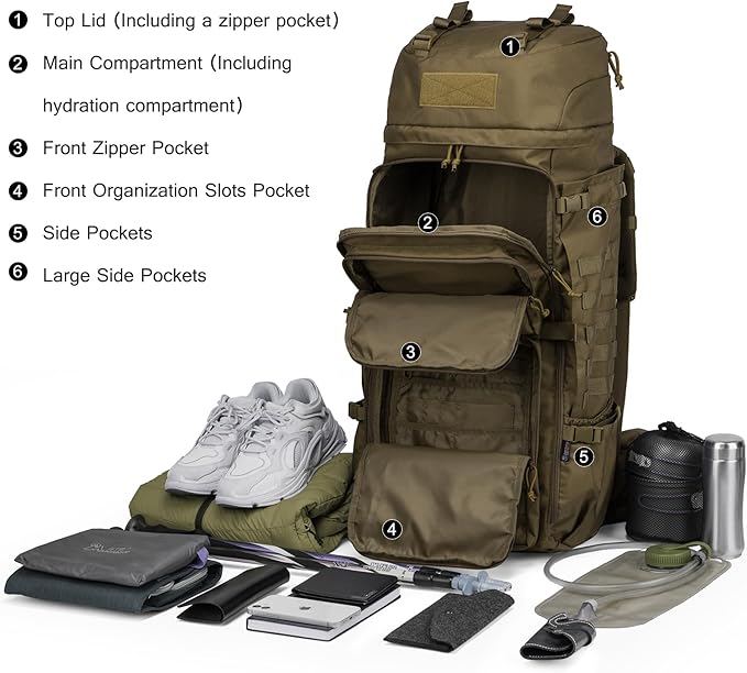 Mardingtop 75L Molle Hiking Internal Frame Backpacks with Rain Cover for Camping,Backpacking,Travelling(Khaki)