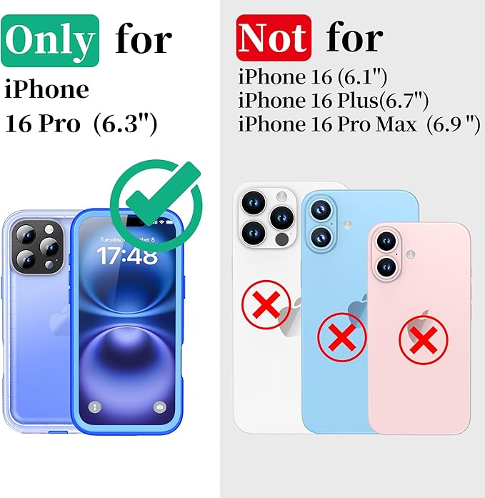 Cozycase for iPhone 16 Pro Case Waterproof - 360 Heavy Duty with Screen/Camera Protector Shockproof IP68 Underwater Dustproof Water Dust Shock Proof Full Body/Front and Back Case Blue/Frosted Clear