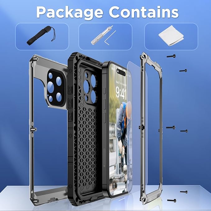Mitywah Waterproof Case for iPhone 16 Pro, Shockproof Heavy Duty Case with Built-in Screen Protector, Underwater Full Body Protective Metal Case 6.3 inch, Silver