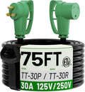 POWGRN NEMA TT-30P to NEMA TT-30R 75 FT 30 Amp RV Extension Cord Outdoor with Grip Handle, Flexible Heavy Duty 10/3 Gauge STW 3 Prong RV Power Cord Waterproof, 30A 125V 3750W, Black-Green, ETL Listed