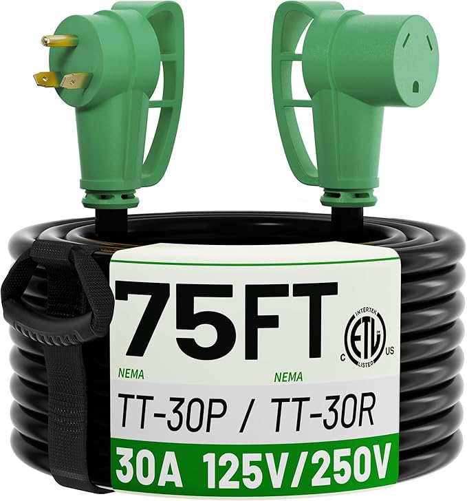 POWGRN NEMA TT-30P to NEMA TT-30R 75 FT 30 Amp RV Extension Cord Outdoor with Grip Handle, Flexible Heavy Duty 10/3 Gauge STW 3 Prong RV Power Cord Waterproof, 30A 125V 3750W, Black-Green, ETL Listed