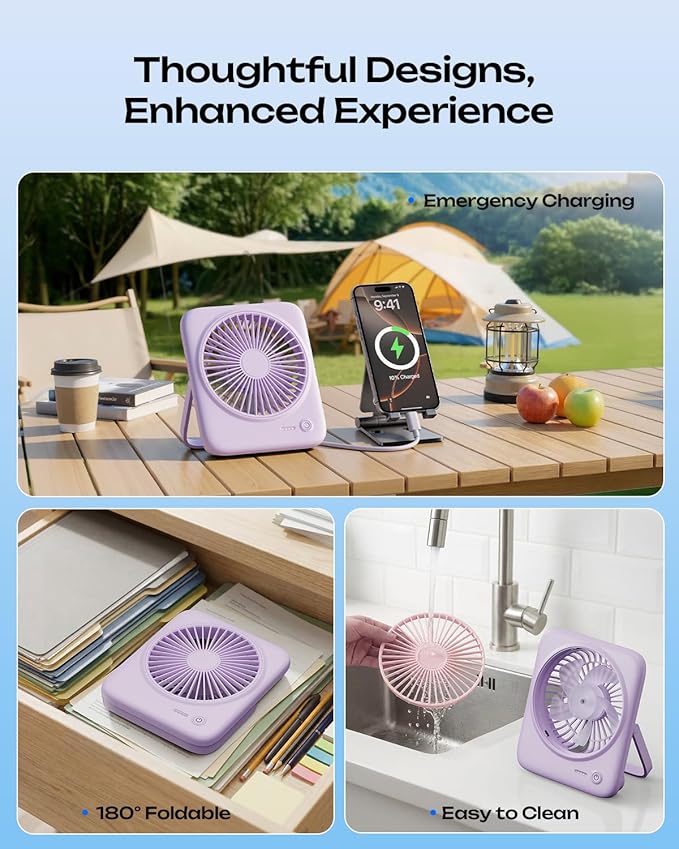 Otlonpe Personal Portable Desk Fan, 4000mAh Small Rechargeable Portable Fan Battery Operated & USB Powered for Travel Sleeping Bedroom Office Home Table, Cordless, Quiet, 4-Speed, 6.5 Inch (Purple)