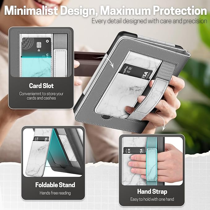 TNP Stand Case with Strap for Kindle Paperwhite 12th Gen 2024 / Kindle Colorsoft Signature Edition - 7" PU Leather Protective Folio Cover with Auto Wake/Sleep & Card Slot, Marble White