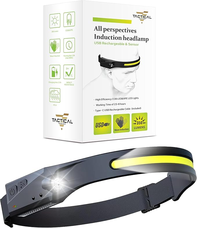 Tactical Headlight Rechargeable 230° Wide Beam LED Tactical Headlamp, Rechargeable USB-C Headlight with Motion Sensor, 350 Lumens, IPX4 Waterproof, Head lamp for Camping Essentials, Hiking, Running