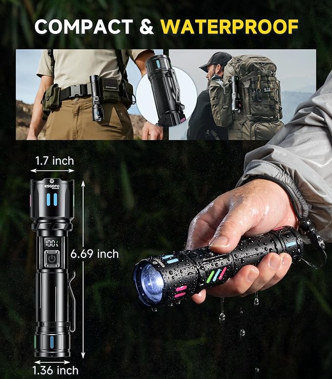 Esgofo Rechargeable Flashlights High Lumens 100000, Single Click Button Design, Super Bright 30W LED, Long Lasting 15H, USB C Input & Output, LCD Power Display, 6.69” Length, for Camping Hiking Home