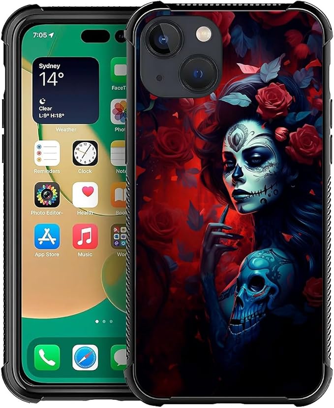 for iPhone 14 Case, Skull Lady Rose Pattern Graphic Design Girl Boy Soft Silicone Hard Acrylic Shock Protection for iPhone 14