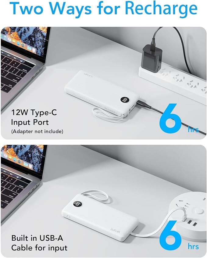 VRURC Portable Charger Power Bank, USB C Battery Pack 10000mAh,5 Outputs 2 Inputs Pocket Travel Charging Bank Built-in Cables for iPhone 17 Pro 17 16 15 14 13,Samsung,Android-White(1 Pack)