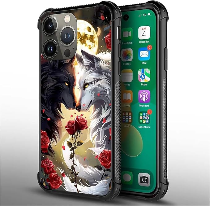 for iPhone 14 Pro Case, Black White Wolf Moon Flower Rose Pattern Graphic Design Girl Boy Soft Silicone Hard Acrylic Shock Protection for iPhone 14 Pro