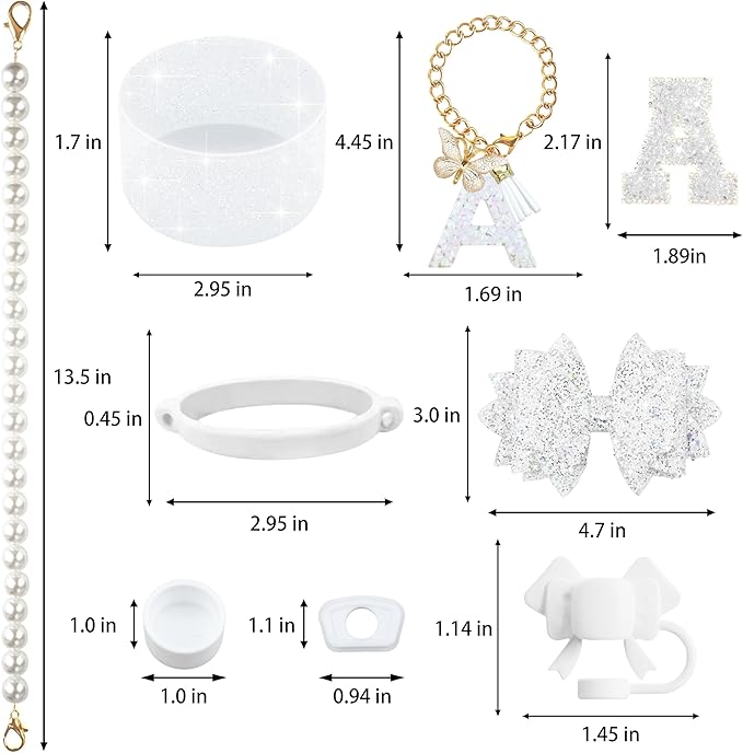 9PCS White for Stanley Cup Accessories Set Bling Initials Bow Charms for Stanley Decorations 30/40 Oz Tumbler Accessories Including Bow Straw Topper, Handle Strap, Spill Stopper（Letter A）