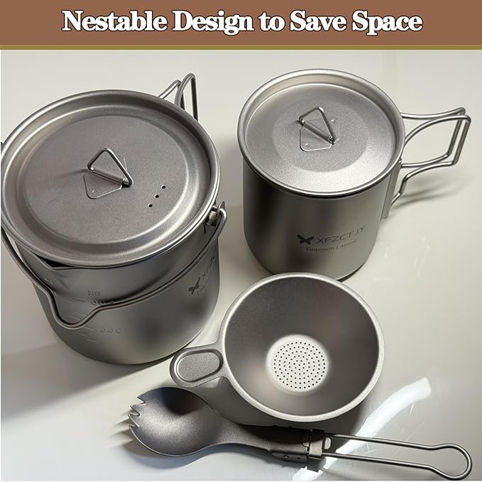 750ml/420ml Ultralight Titanium Pot Coffee Tea Mug Combo With Lid Spork,Tea Infuser, Nestable Camping Set With Foldable Handle For Backpacking, Hiking Mountaineering
