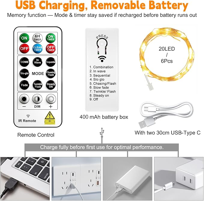 ZSJWL 6 Pack Rechargeable Fairy Lights with Remote & DIY Timer, 7Ft 20LED Mini Battery String Light, Twinkle Silver Copper Wire Lights for Wedding Party Bedroom Christmas Table Decoration (Multicolor)