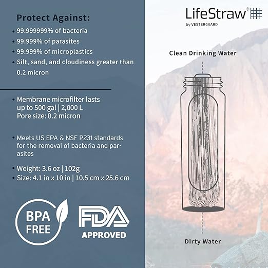 LifeStraw Peak Series - Collapsible Squeeze Bottle Water Filter System – 650ml for Trail Running, Through Hiking, Travel, Cycling, and Fishing; BPA-Free; Mountain Blue