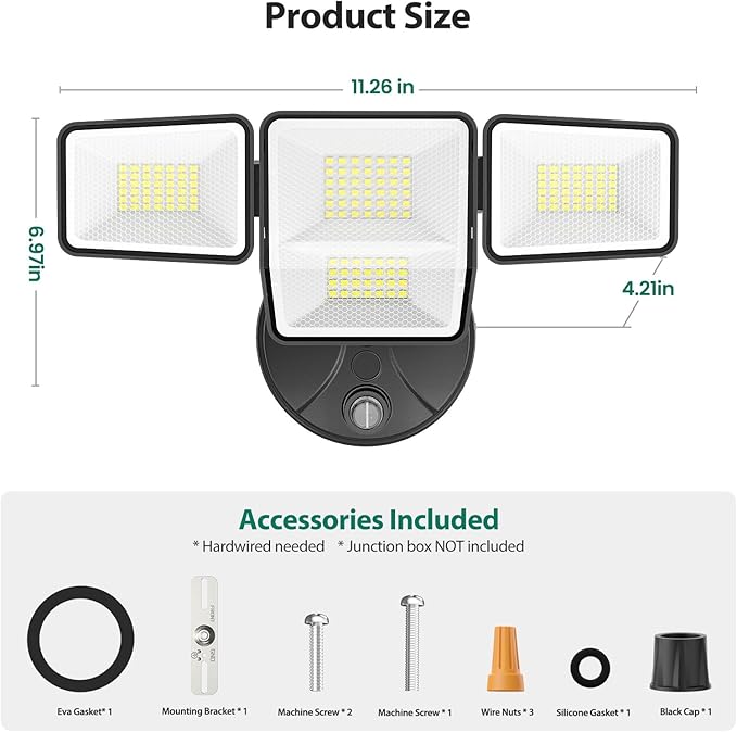 70W Dusk to Dawn Flood Lights Outdoor Lighting, 7000LM Dusk Till Dawn Floodlight, 4 Heads LED Security Light with Photocell, IP65 Waterproof, 6500K Daylight for Yard Garage Porch 2 Pack Black